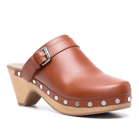 YDN Women Classic Closed Round Toe Mules Platform Mid Heels Slip On Buckle Strap Studded Sandals Casual Party Daily Outfit Shoes Size 14 Brown