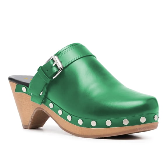 YDN Women Classic Closed Round Toe Mules Platform Mid Heels Slip On Buckle Strap Studded Sandals Casual Party Daily Outfit Shoes Size 15 Green