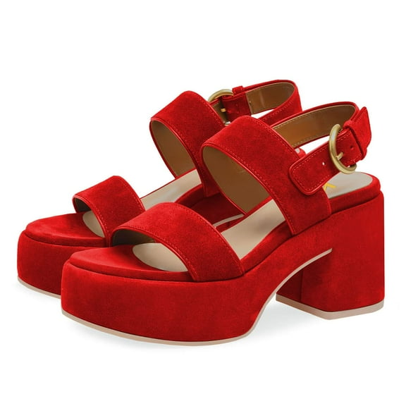 YDN Women Classic Double Adjustable Buckle Strap Sandals Platform Round Open Toe Block Mid Heels Outfit Casual Shoes Size 12 Red