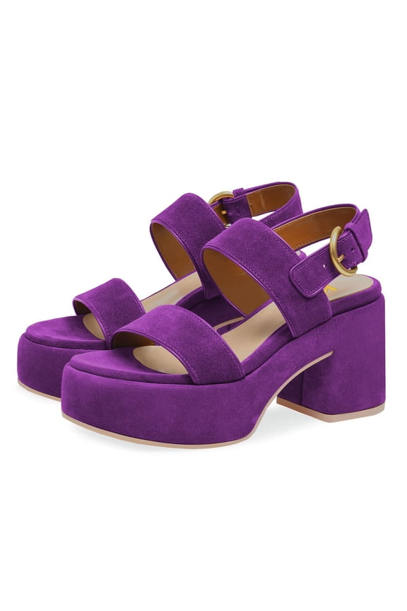 Women Classic Double Adjustable Buckle Strap Sandals Platform Round Open Toe Block Mid Heels Outfit Casual Shoes Size 16 Purple