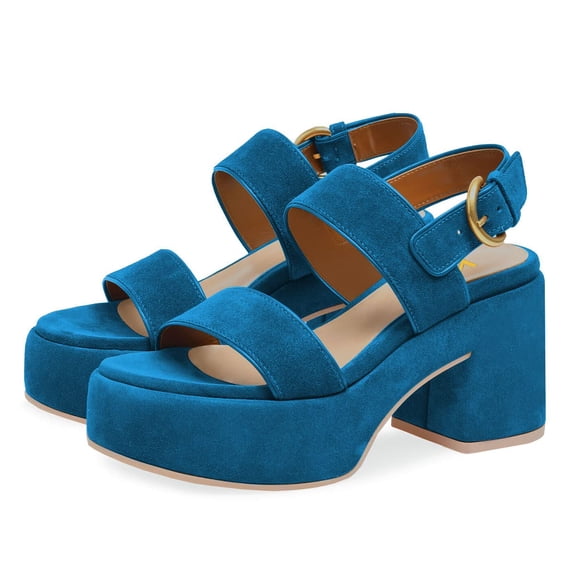 YDN Women Classic Double Adjustable Buckle Strap Sandals Platform Round Open Toe Block Mid Heels Outfit Casual Shoes Size 7.5 Blue
