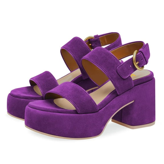 YDN Women Classic Double Adjustable Buckle Strap Sandals Platform Round Open Toe Block Mid Heels Outfit Casual Shoes Size 7 Purple