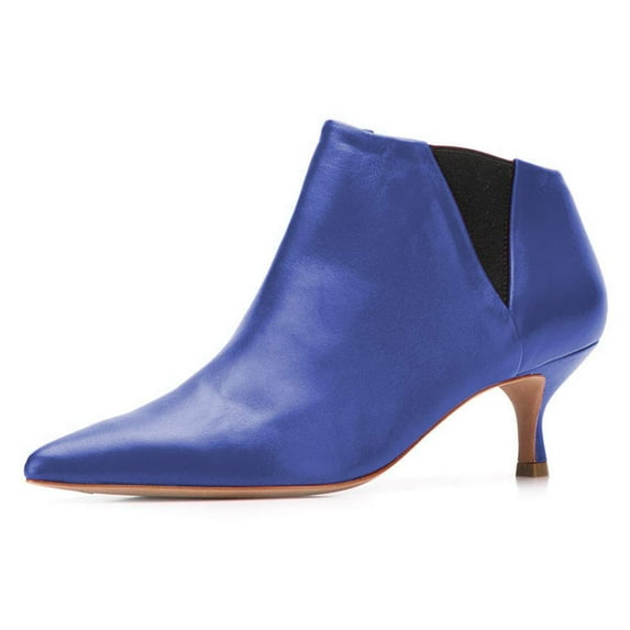 YDN Women Classic Kitten Low Heel Chelsea Ankle Boots Pointed Closed Toe Slip On Leather Easy Walking Dress Shoes Size 7 Blue