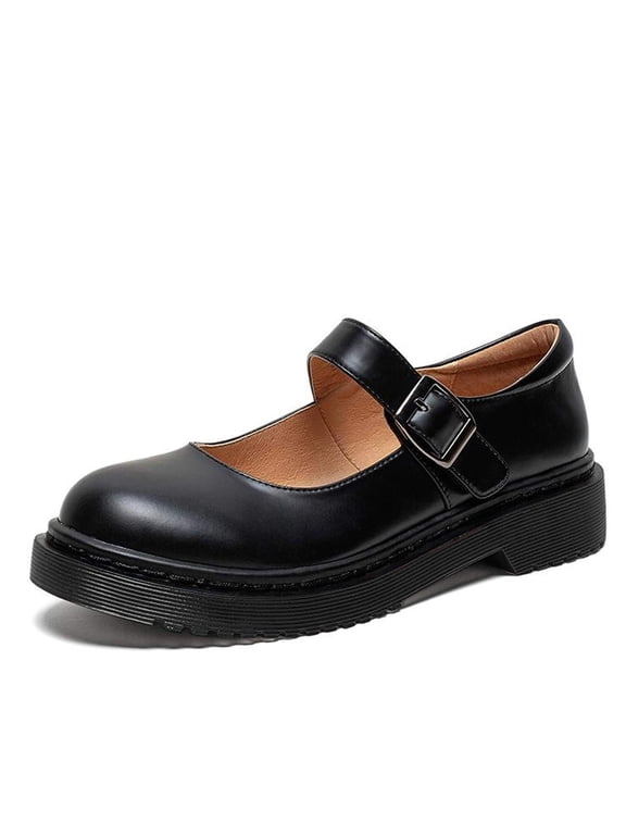 Women Classic Mary Jane Flats Round Closed Toe Platform Adjustable Single Ankle Strap Buckle Pumps Casual Cosplay School Dress Shoes Size 5.5 Black