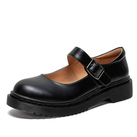 YDN Women Classic Mary Jane Flats Round Closed Toe Platform Adjustable Single Ankle Strap Buckle Pumps Casual Cosplay School Dress Shoes Size 5 Black