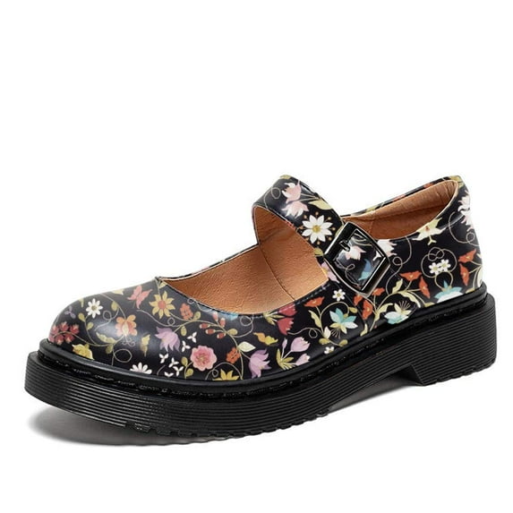 YDN Women Classic Mary Jane Flats Round Closed Toe Platform Adjustable Single Ankle Strap Buckle Pumps Casual Cosplay School Dress Shoes Size 9 Multicolor Flower