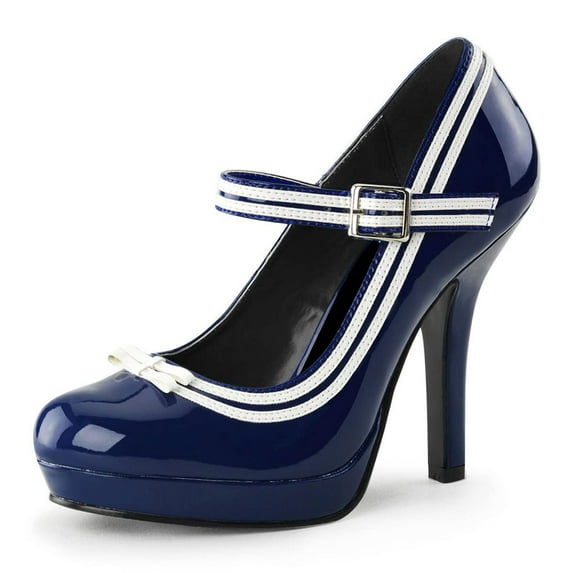 YDN Women Classic Platform Round Closed Toe Pumps Single Buckle Strap Spool High Heel Mary Jane Office Formal Wear Dressy Shoes Size 8 Navy