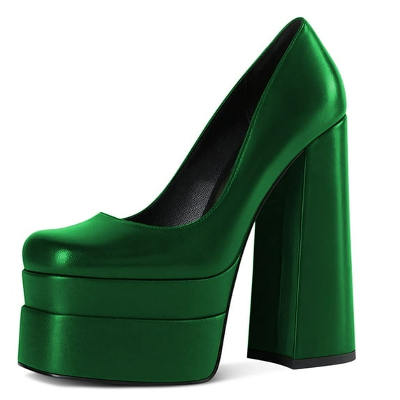 YDN Women Classic Platform Square Closed Toe Pumps Slip On Chunky Block High Heels Sexy Party Dance Bridal Dressy Shoes Size 5 Green