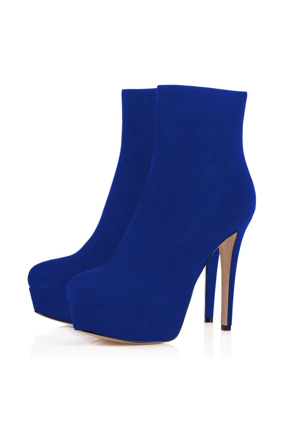 Women Classic Platform Stiletto High Heel Booties Round Closed Toe Side Zip Ankle Boots Winter Office Dressy Shoes Size 9 Blue