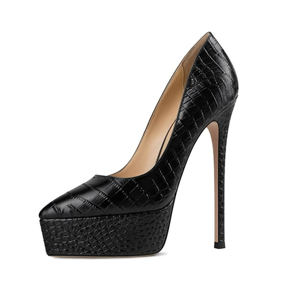 YDN Women Classic Platform Stiletto High Heel Pumps Pointed Closed Toe Pumps Snake Print Slip On Wedding Dress Shoes Size 7 Black