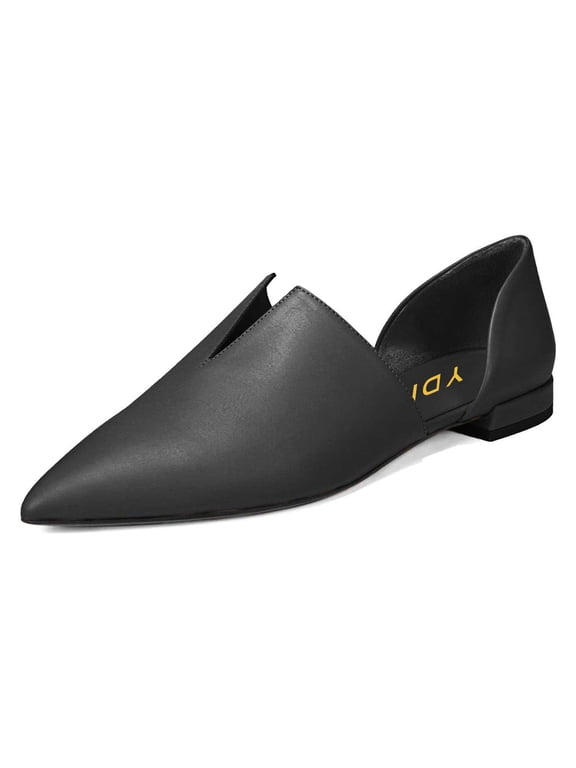 Women Classic Pointed Closed Toe D'Orsay Ballet Flats V Cut Chunky Low Heels Slip On Office Dress Loafer Casual Shoes Size 4 Black