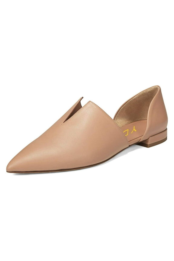 Women Classic Pointed Closed Toe D'Orsay Ballet Flats V Cut Chunky Low Heels Slip On Office Dress Loafer Casual Shoes Size 8 Nude