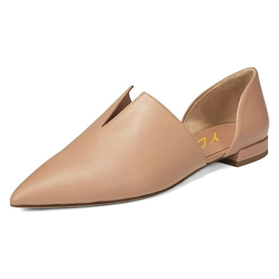 YDN Women Classic Pointed Closed Toe D'Orsay Ballet Flats V Cut Chunky Low Heels Slip On Office Dress Loafer Casual Shoes Size 9 Nude