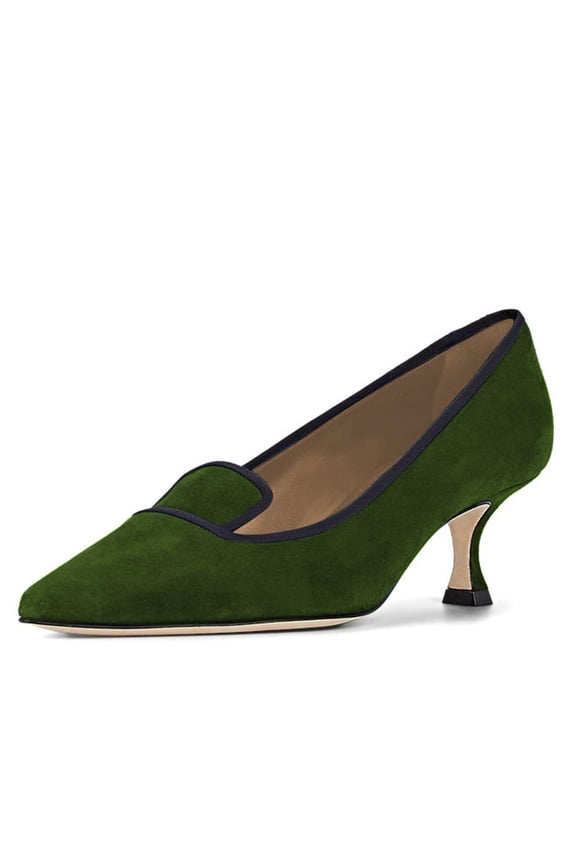 Women Classic Pointed Closed Toe Pumps Low Kitten Heel Slip on Loafers Suede Office Ladies Dressy Shoes Size 13 Olive