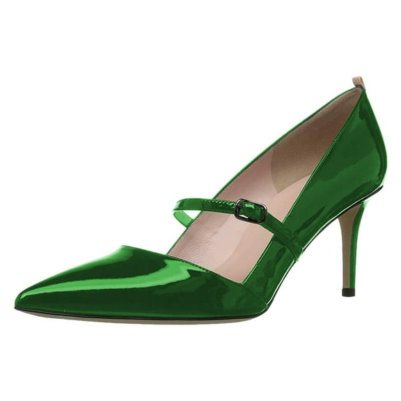 YDN Women Classic Pointed Toe Mary Janes Mid Slim Heels Slip On Buckled Strap Pumps Casual Party Dressy Shoes Size 7 Green
