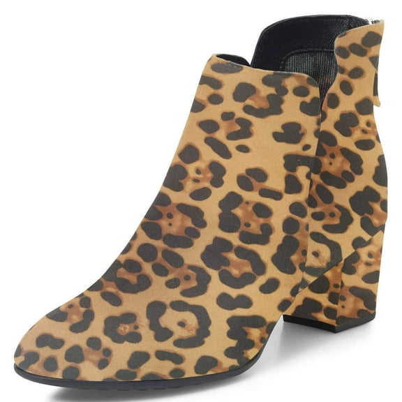 YDN Women Classic Round Closed Toe Chelsea Ankle Boots Block Low Heel Back Zipper Booties Winter Dressy Shoes Size 6 Leopard