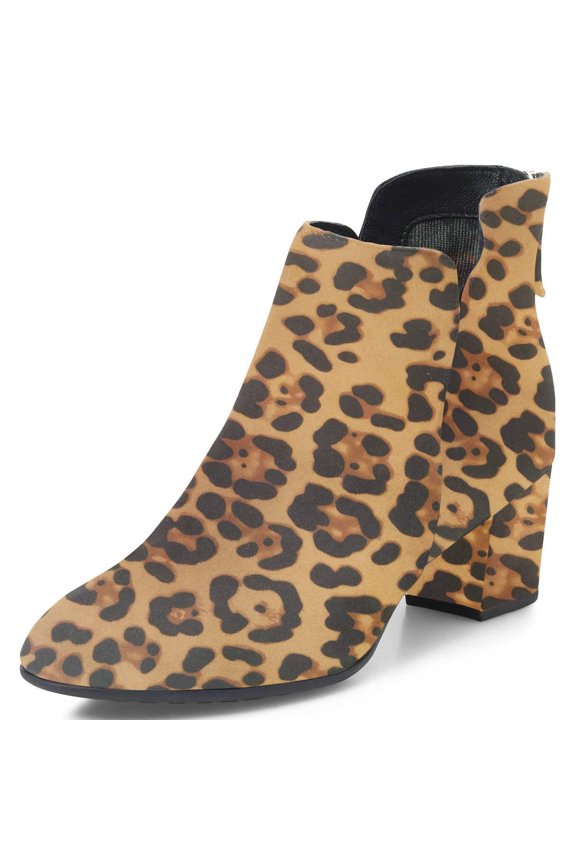 Women Classic Round Closed Toe Chelsea Ankle Boots Block Low Heel Back Zipper Booties Winter Dressy Shoes Size 9 Leopard