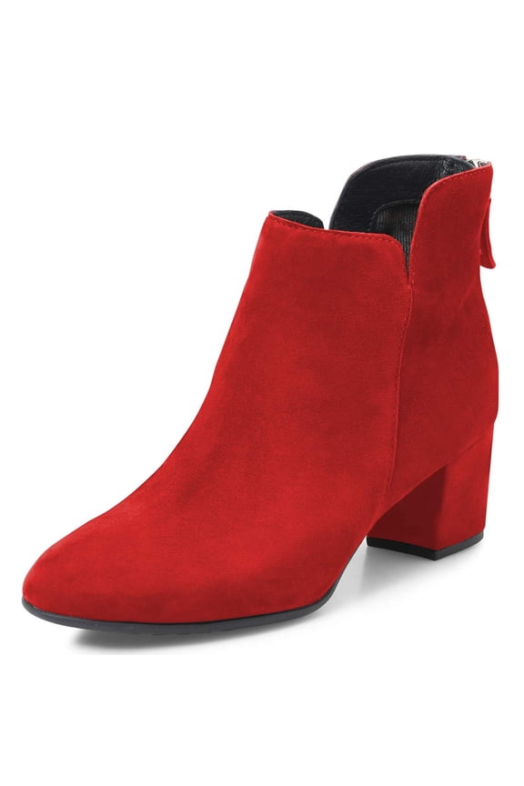 Women Classic Round Closed Toe Chelsea Ankle Boots Block Low Heel Back Zipper Booties Winter Dressy Shoes Size 9 Red