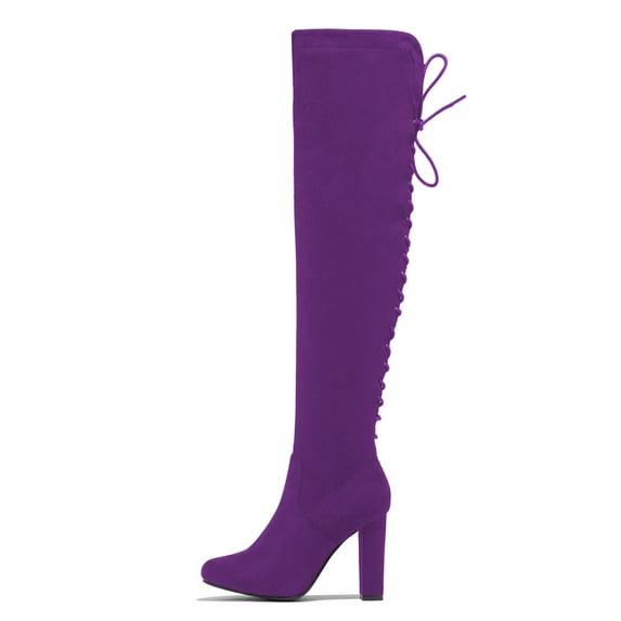YDN Women Classic Round Closed Toe Lace Up Long Boots Block High Heel Zippers Knee High Boots Office Prom Dressy Shoes Size 7 Purple