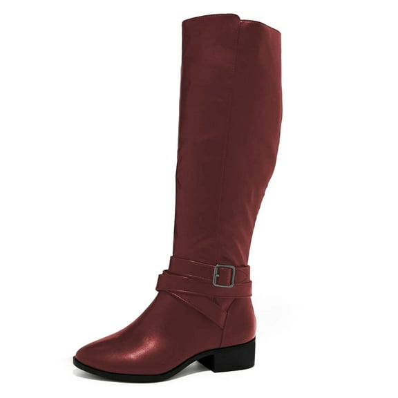 YDN Women Classic Round Closed Toe Strap Buckle Knee High Boots Block Low Heel Side Zipper Calf Boots Casual Winter Shoes Size 13 Red
