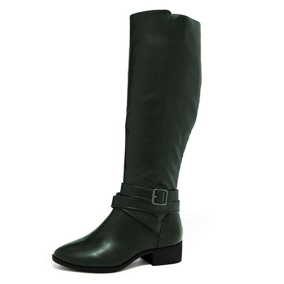 YDN Women Classic Round Closed Toe Strap Buckle Knee High Boots Block Low Heel Side Zipper Calf Boots Casual Winter Shoes Size 7 Green
