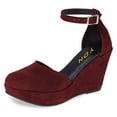thumbnail image 1 of YDN Women Classic Round Closed Toe Wedge High Heeled Pumps Ankle Strap Sandals D'Orsay Platform Casual Dressy Shoes Size 6 Wine, 1 of 4