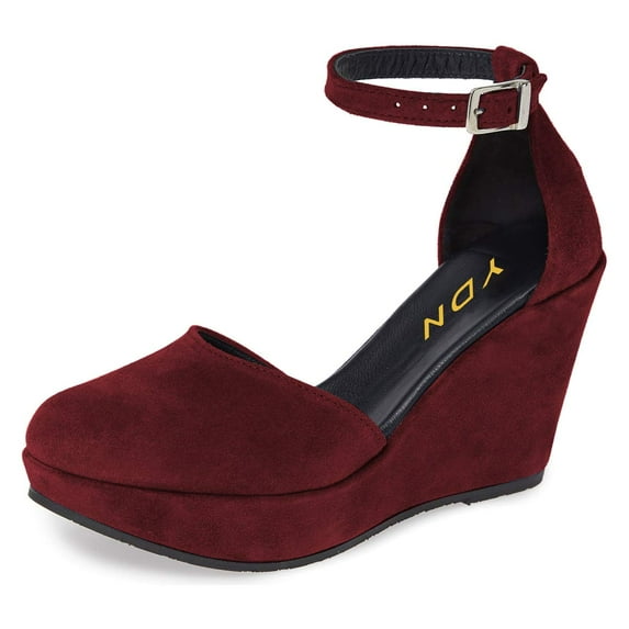 YDN Women Classic Round Closed Toe Wedge High Heeled Pumps Ankle Strap Sandals D'Orsay Platform Casual Dressy Shoes Size 9 Wine