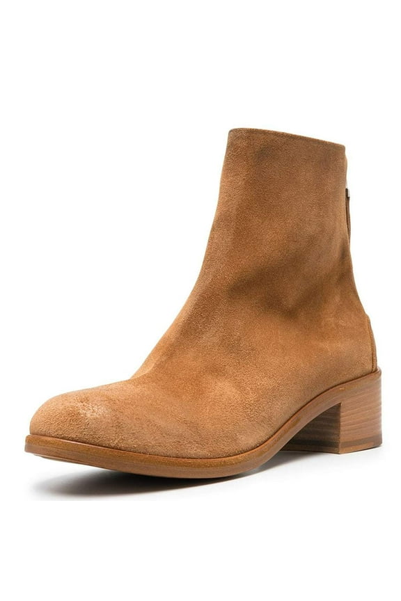 Women Classic Round Toe Ankle Boots Block Low Chunky Heels Back Zipper Dress Short Booties Shoes Size 4 Sandy Brown