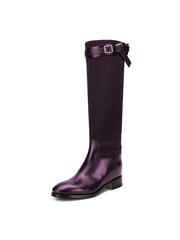 Women Classic Round Toe Knee High Riding Boots with Chunky Low Heel Stylish Side Zipper Patchwork Long Boots Winter Pull On Dress Shoes Size 11 Purple