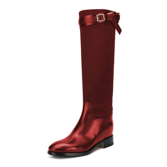 Women Classic Round Toe Knee High Riding Boots with Chunky Low Heel Stylish Side Zipper Patchwork Long Boots Winter Pull On Dress Shoes Size 12 Red