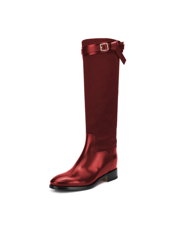 Women Classic Round Toe Knee High Riding Boots with Chunky Low Heel Stylish Side Zipper Patchwork Long Boots Winter Pull On Dress Shoes Size 7 Red