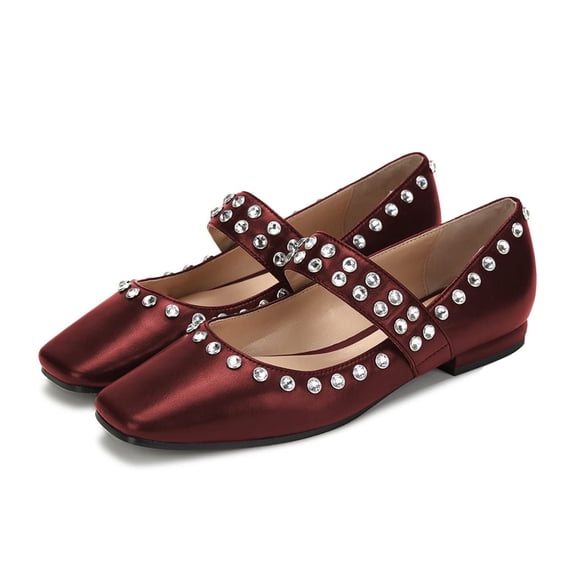 YDN Women Classic Square Closed Toe Mary Jane Rhinestone Studded Flats Strap Ballet Dance Dress Casual Shoes Size 13 Wine Red