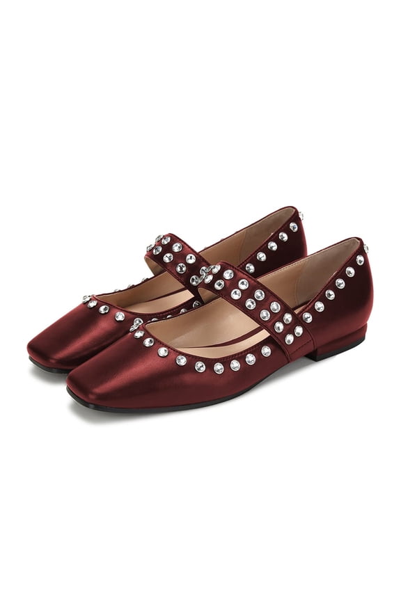 Women Classic Square Closed Toe Mary Jane Rhinestone Studded Flats Strap Ballet Dance Dress Casual Shoes Size 13 Wine Red