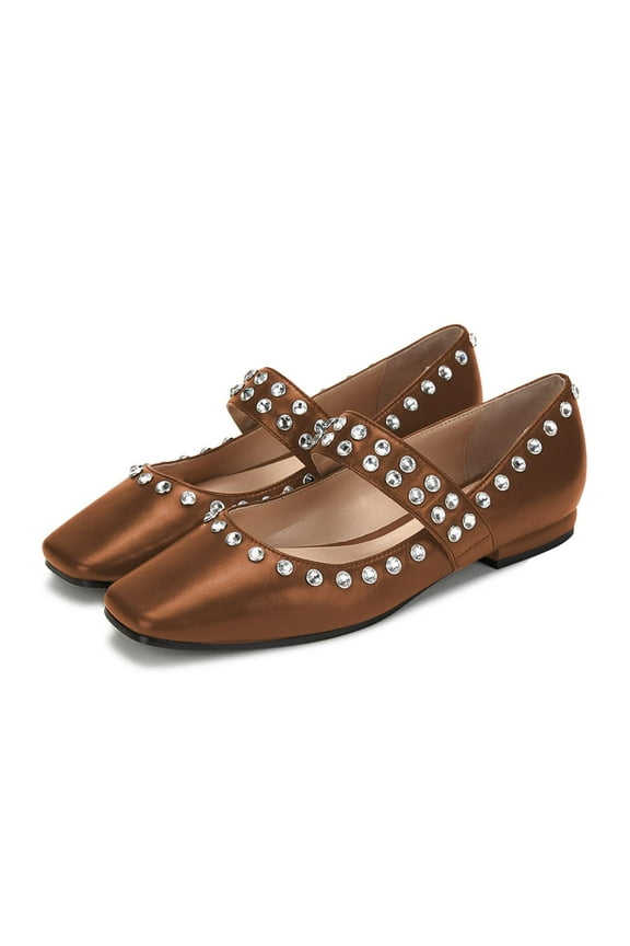 Women Classic Square Closed Toe Mary Jane Rhinestone Studded Flats Strap Ballet Dance Dress Casual Shoes Size 7 Brown
