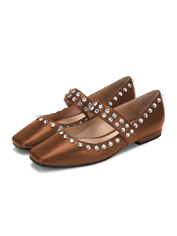Women Classic Square Closed Toe Mary Jane Rhinestone Studded Flats Strap Ballet Dance Dress Casual Shoes Size 8.5 Brown