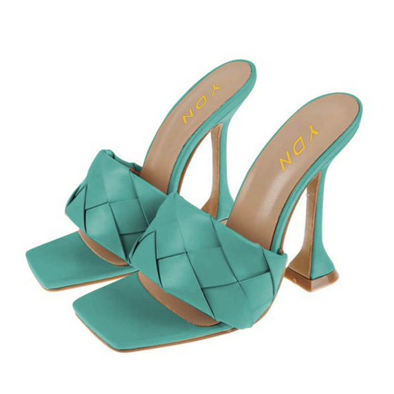 YDN Women Classic Square Open Toe Slide Mules Kitten High Heel Slip On Sandals Backless Daily Dress Shoes Size 14 Turquoise
