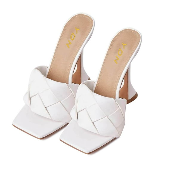 YDN Women Classic Square Open Toe Slide Mules Kitten High Heel Slip On Sandals Backless Daily Dress Shoes Size 7 White