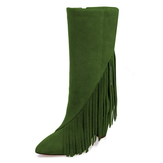 YDN Women Classic Tassel Fringes Cone High Heel Boots Mid Calf Booties Pointed Closed Toe Side Zipper Casual Shoes Size 6 Green