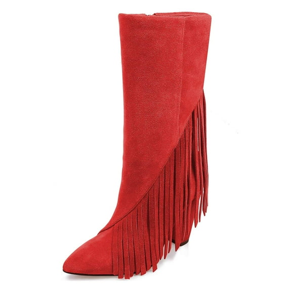 YDN Women Classic Tassel Fringes Cone High Heel Boots Mid Calf Booties Pointed Closed Toe Side Zipper Casual Shoes Size 7 Red