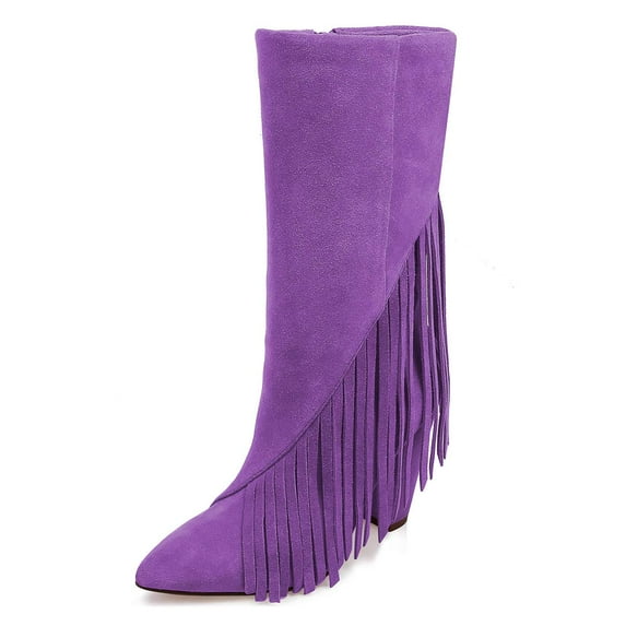 YDN Women Classic Tassel Fringes Cone High Heel Boots Mid Calf Booties Pointed Closed Toe Side Zipper Casual Shoes Size 8 Purple