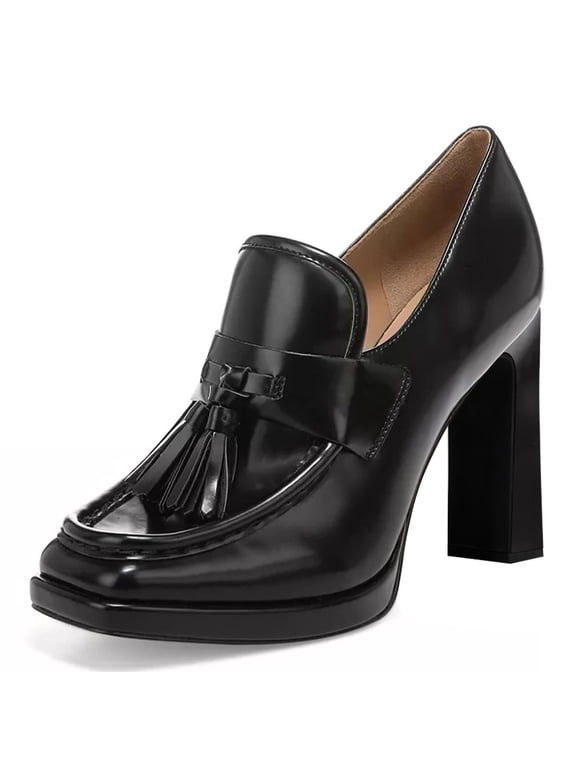 Women Classic Tassel Square Closed Toe Penny Loafers Block High Heel Slip On Pumps Work Office Outfit Casual Shoes Size 10 Black