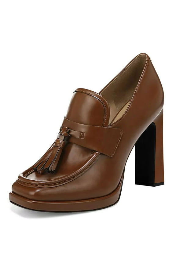 Women Classic Tassel Square Closed Toe Penny Loafers Block High Heel Slip On Pumps Work Office Outfit Casual Shoes Size 16 Brown