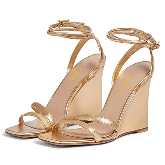 YDN Women Classic Wedge High Heel Square Open Toe Sandals Doubel Strap Ankle Buckle Slide Pumps Summer Dressy Shoes Size 12 Gold