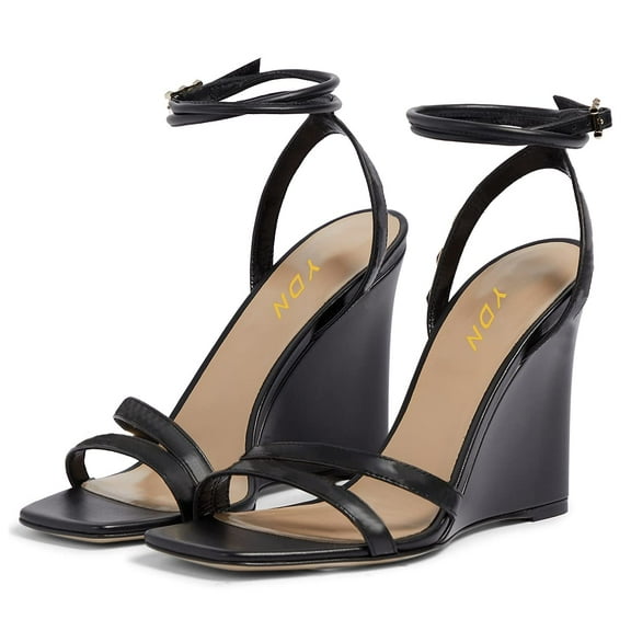 YDN Women Classic Wedge High Heel Square Open Toe Sandals Doubel Strap Ankle Buckle Slide Pumps Summer Dressy Shoes Size 4 Black