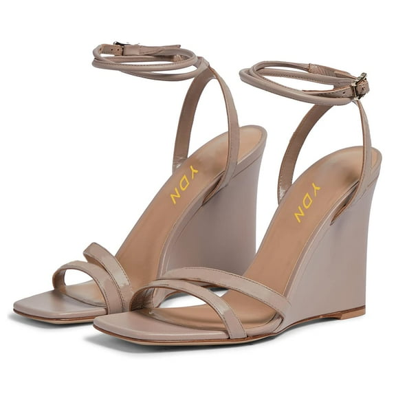 YDN Women Classic Wedge High Heel Square Open Toe Sandals Doubel Strap Ankle Buckle Slide Pumps Summer Dressy Shoes Size 8.5 Gray