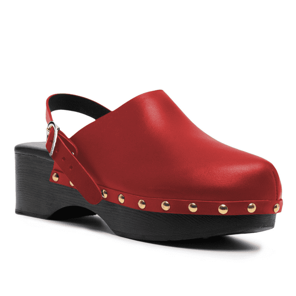 YDN Women Closed Round Toe Slingback Clogs Mules Buckle Studded Low Thick Heeled Sandals Casual Dress Daily Shoes Size 7.5 Red