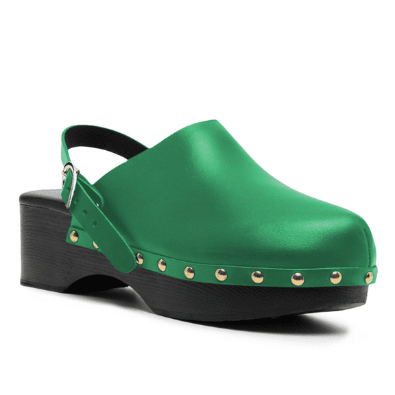 YDN Women Closed Round Toe Slingback Clogs Mules Buckle Studded Low Thick Heeled Sandals Casual Dress Daily Shoes Size 7 Green