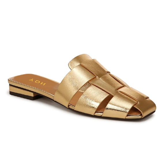 YDN Women Closed Square Toe Braided Mules Slip on Low Chunky Heel Backless Sandals Chic Daily Heeled Slides Size 8 Gold