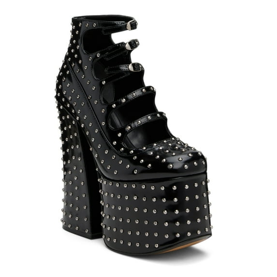 YDN Women Closed Toe Strappy Platform Pumps Nail Studded Buckle Chunky High Heels Fashion Cocktail Party Dressy Shoes Size 8.5 Black