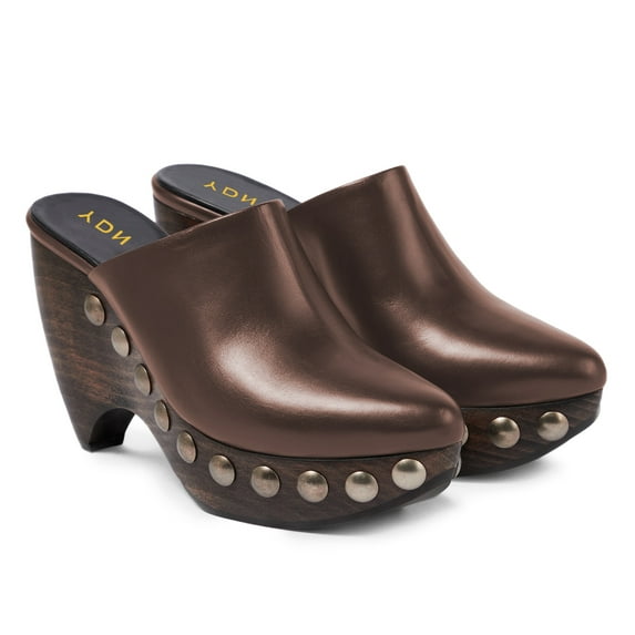 YDN Women Closed Toe Studded Clog Mules Slip on Platform Chunky High Heels Daily Dress Casual Slide Pumps Size 10.5 Brown